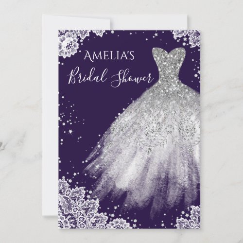Sparkle Dress White Lace Purple Bridal Shower Invitation