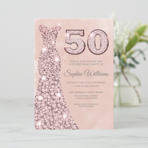 Sparkle Dress with Blush Watercolor 50th Birthday Invitation