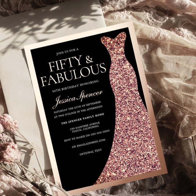 Sparkle Dress Womans 50th Birthday Black Rose Gold Foil Invitation (Creator Uploaded)