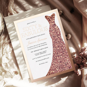 Sparkle Dress Womans 60th Birthday Party Rose Gold Foil Invitation