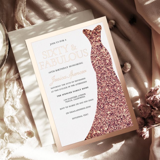 Sparkle Dress Womans 60th Birthday Party Rose Gold Foil Invitation (Creator Uploaded)