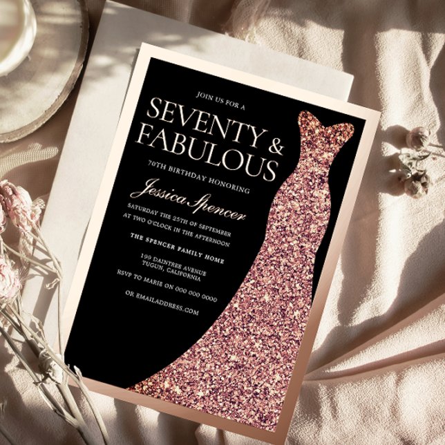 Sparkle Dress Womans 70th Birthday Black Rose Gold Foil Invitation (Creator Uploaded)