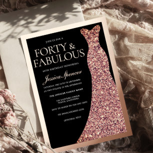 Sparkle Dress Womans Black 40th Birthday Rose Gold Foil Invitation