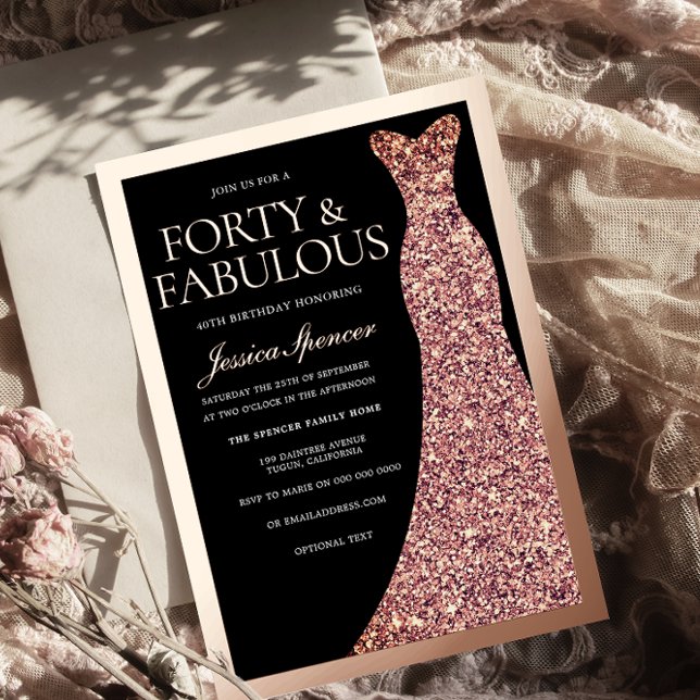 Sparkle Dress Womans Black 40th Birthday Rose Gold Foil Invitation (Creator Uploaded)