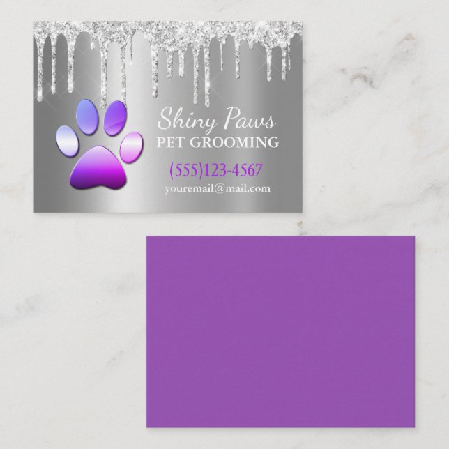 Sparkle Drip Shimmer Dog Paw Pet Grooming Service Business Card (Front/Back)