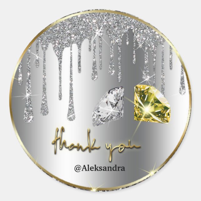sparkle drip thank you silver gold classic round sticker (Front)