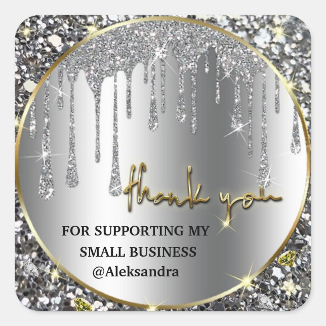 Sparkle drip thank you silver gold square sticker (Front)