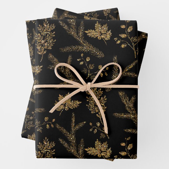 Sparkle Elegant Black Gold Holiday Luxury Vibe Wrapping Paper Sheets (In situ)