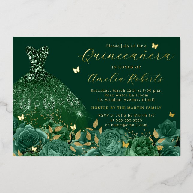 Sparkle Emerald Dress Gold Floral Butterfly  Foil Invitation (Front)