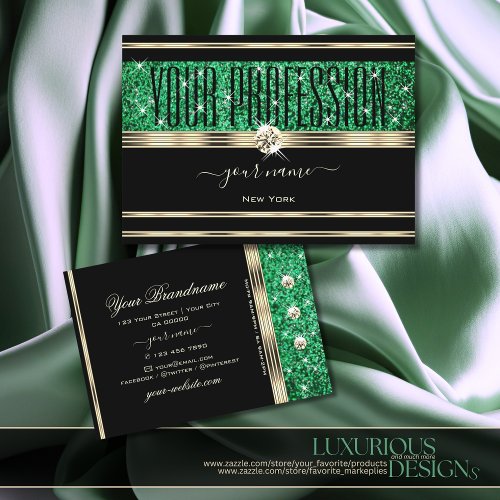 Sparkle Emerald Green Glitter Diamonds Gold Black Business Card