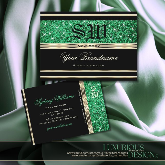 Sparkle Emerald Green Glitter Monogram Gold Black Business Card (Creator Uploaded)