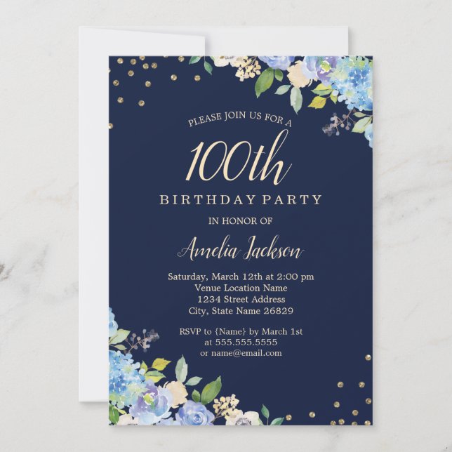 Sparkle Floral Blue 100th Birthday Party Invitation (Front)