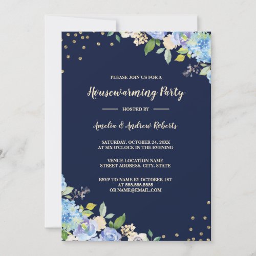 Sparkle Floral Blue Housewarming Party Invitation