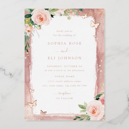 Sparkle Floral Blush Pink Real Rose Gold Wedding Foil Invitation