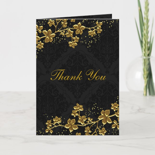 Sparkle Floral Gold & Black Thank You Card (Front)