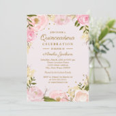 Sparkle Floral Gold Pink Quinceanera Invitation (Standing Front)