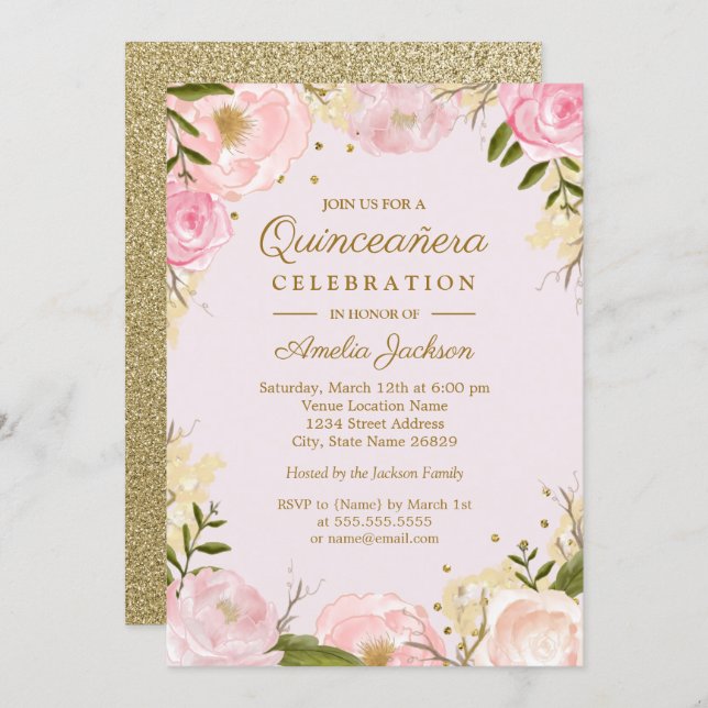 Sparkle Floral Gold Pink Quinceanera Invitation (Front/Back)