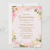 Sparkle Floral Gold Pink Quinceanera Invitation (Front)