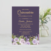 Sparkle Floral Gold Purple Quinceanera Invitation (Standing Front)