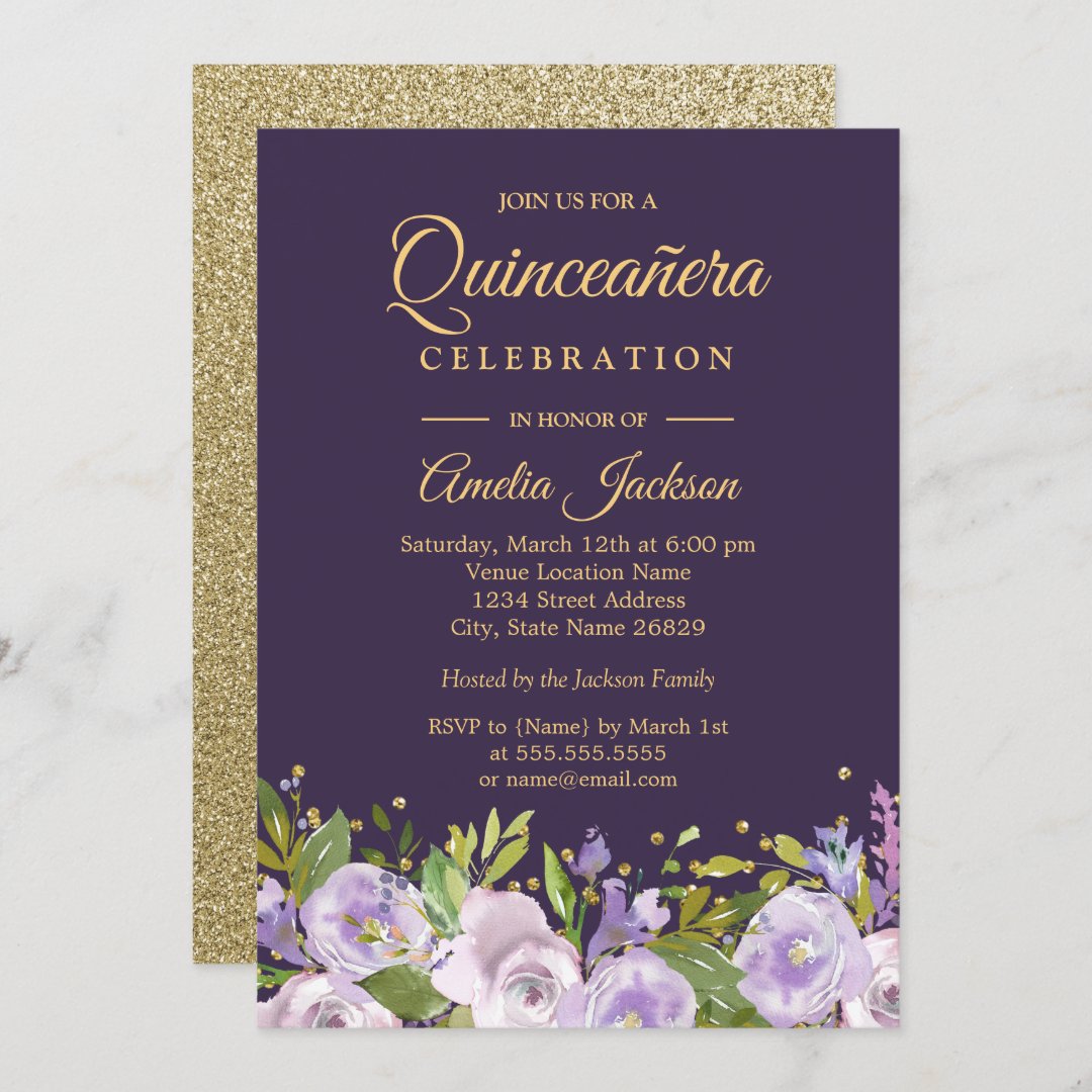 Sparkle Floral Gold Purple Quinceanera Invitation | Zazzle