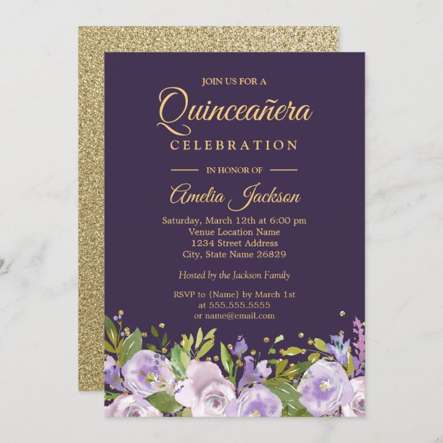 Sparkle Floral Gold Purple Quinceanera Invitation (Front/Back)