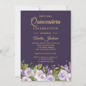 Sparkle Floral Gold Purple Quinceanera Invitation (Front)