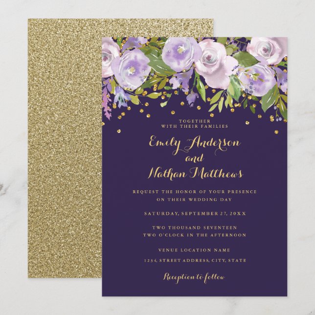 Sparkle Floral Gold Purple Wedding Invitation (Front/Back)