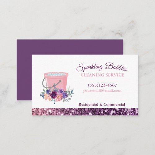 Sparkle Floral Pink Bucket Cleaning Services  Business Card