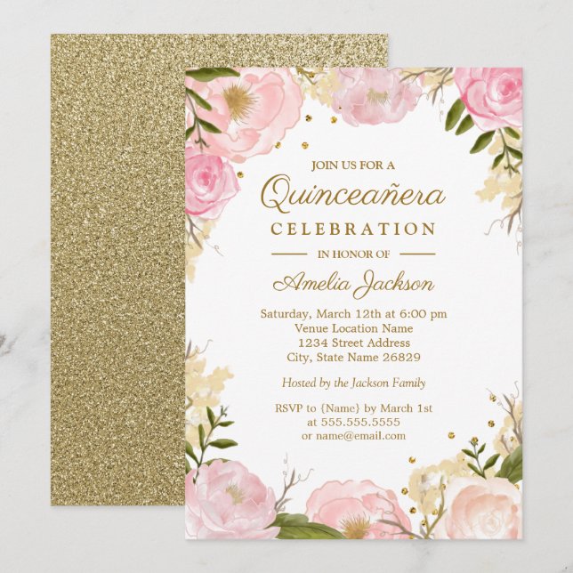 Sparkle Floral Pink Gold Quinceanera Invitation (Front/Back)