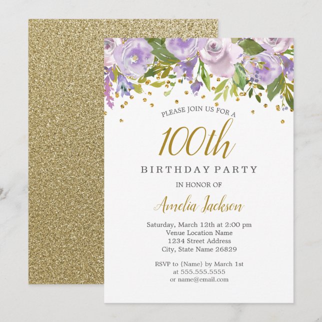 Sparkle Floral Purple 100th Birthday Invite (Front/Back)