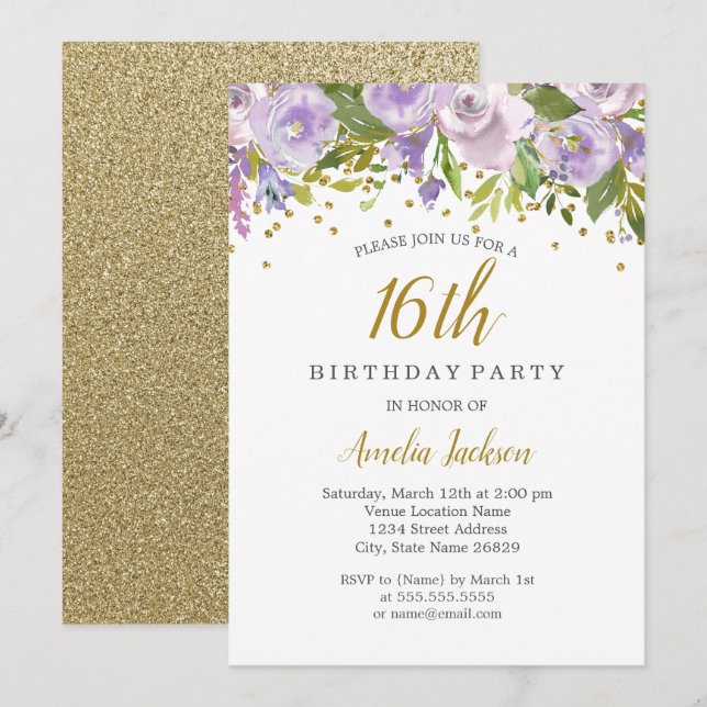 Sparkle Floral Purple 16th Birthday Invite (Front/Back)
