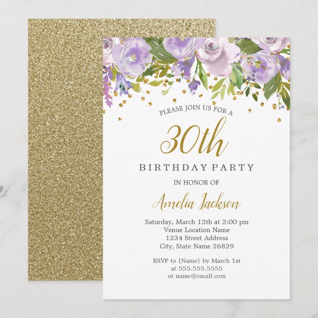 Sparkle Floral Purple 30th Birthday Invite (Front/Back)
