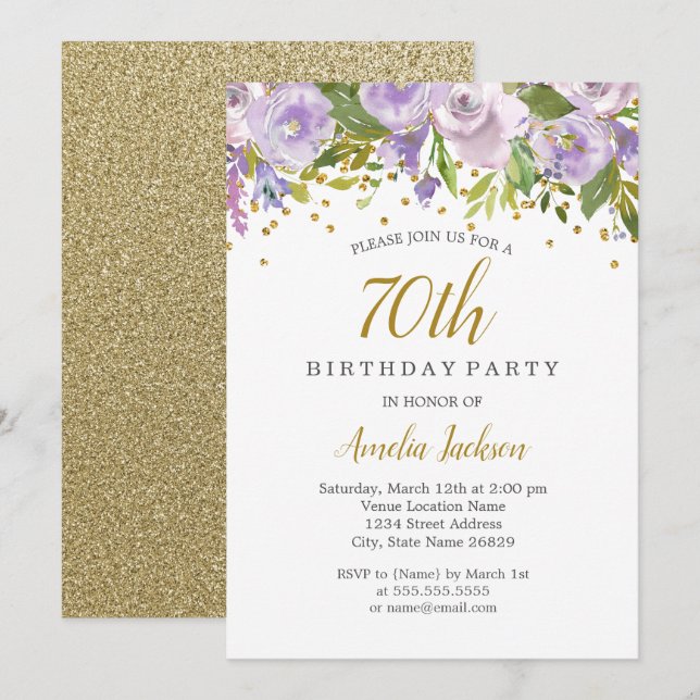Sparkle Floral Purple 70th Birthday Invite (Front/Back)