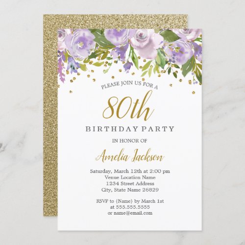 Sparkle Floral Purple 80th Birthday Invite