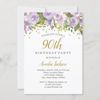 Sparkle Floral Purple 90th Birthday Invite | Zazzle