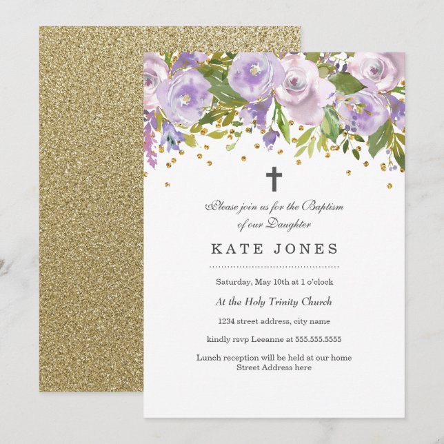 Sparkle Floral Purple Baptism Invitation (Front/Back)