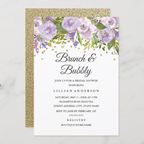 Sparkle Floral Purple Brunch And Bubbly Invitation