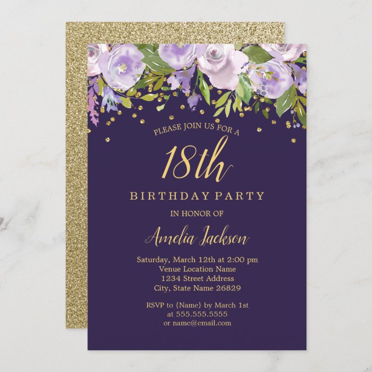 Sparkle Floral Purple Gold 18th Birthday Invite | Zazzle