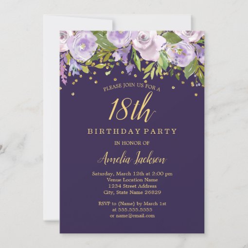 Sparkle Floral Purple Gold 18th Birthday Invite | Zazzle