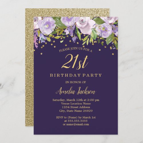 Sparkle Floral Purple Gold 21st Birthday Invite