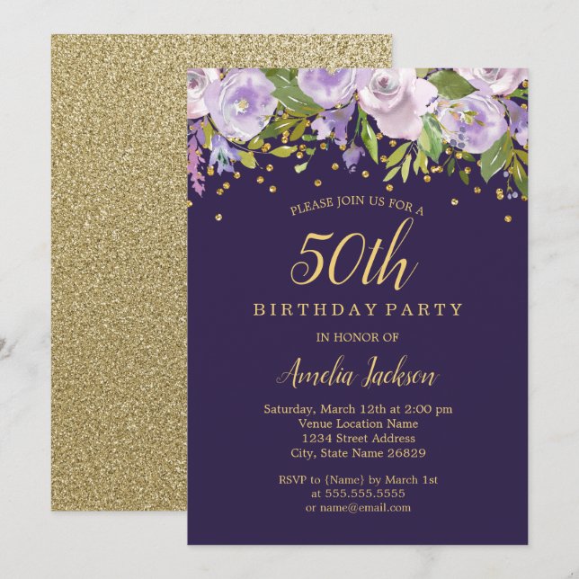 Sparkle Floral Purple Gold 50th Birthday Invite (Front/Back)