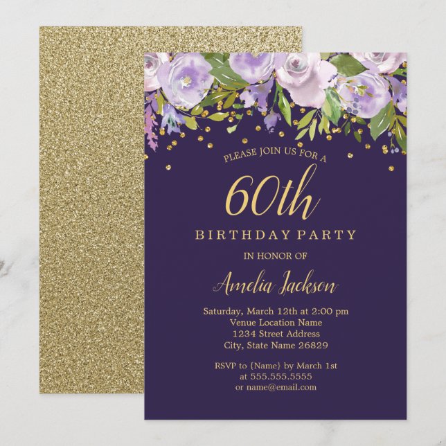 Sparkle Floral Purple Gold 60th Birthday Invite (Front/Back)