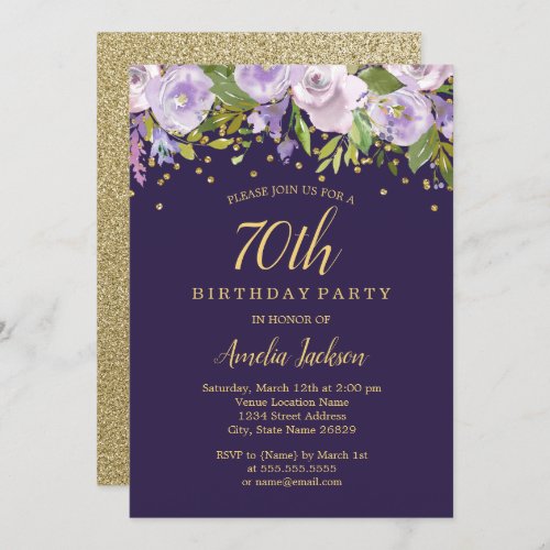 Sparkle Floral Purple Gold 70th Birthday Invite