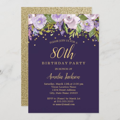 Sparkle Floral Purple Gold 80th Birthday Invite