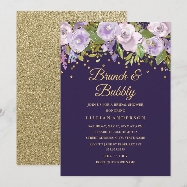 Sparkle Floral Purple Gold Brunch And Bubbly Invitation (Front/Back)