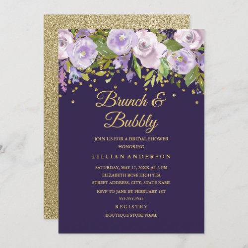 Sparkle Floral Purple Gold Brunch And Bubbly Invitation