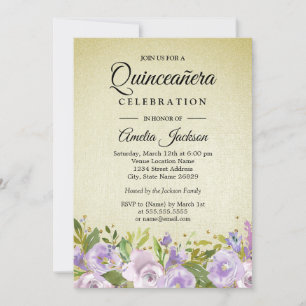 Sparkle Floral Purple Gold Quinceanera Invite