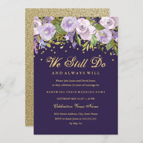 Sparkle Floral Purple Gold Vow Renewal Anniversary Invitation