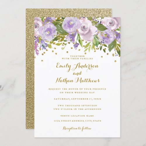 Sparkle Floral Purple Gold Wedding Invitation