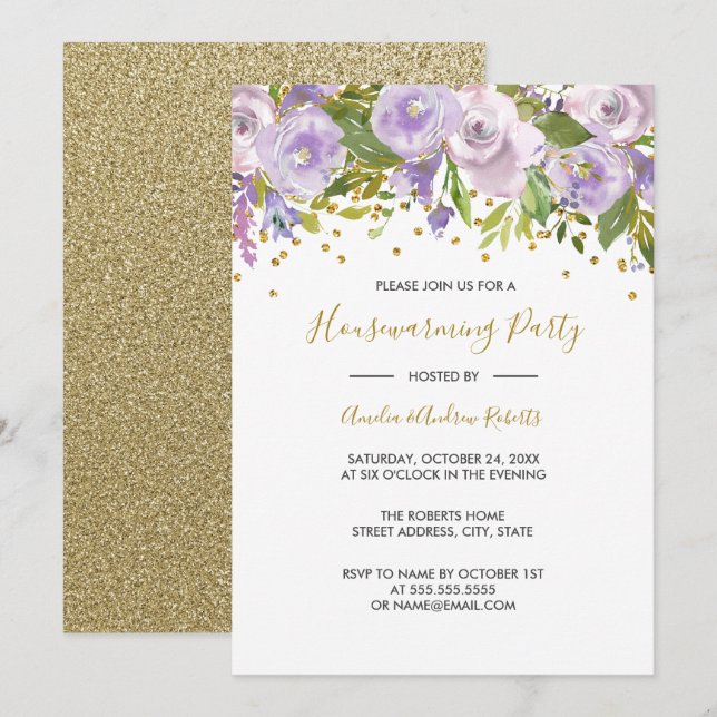 Sparkle Floral Purple Housewarming Party Invite (Front/Back)